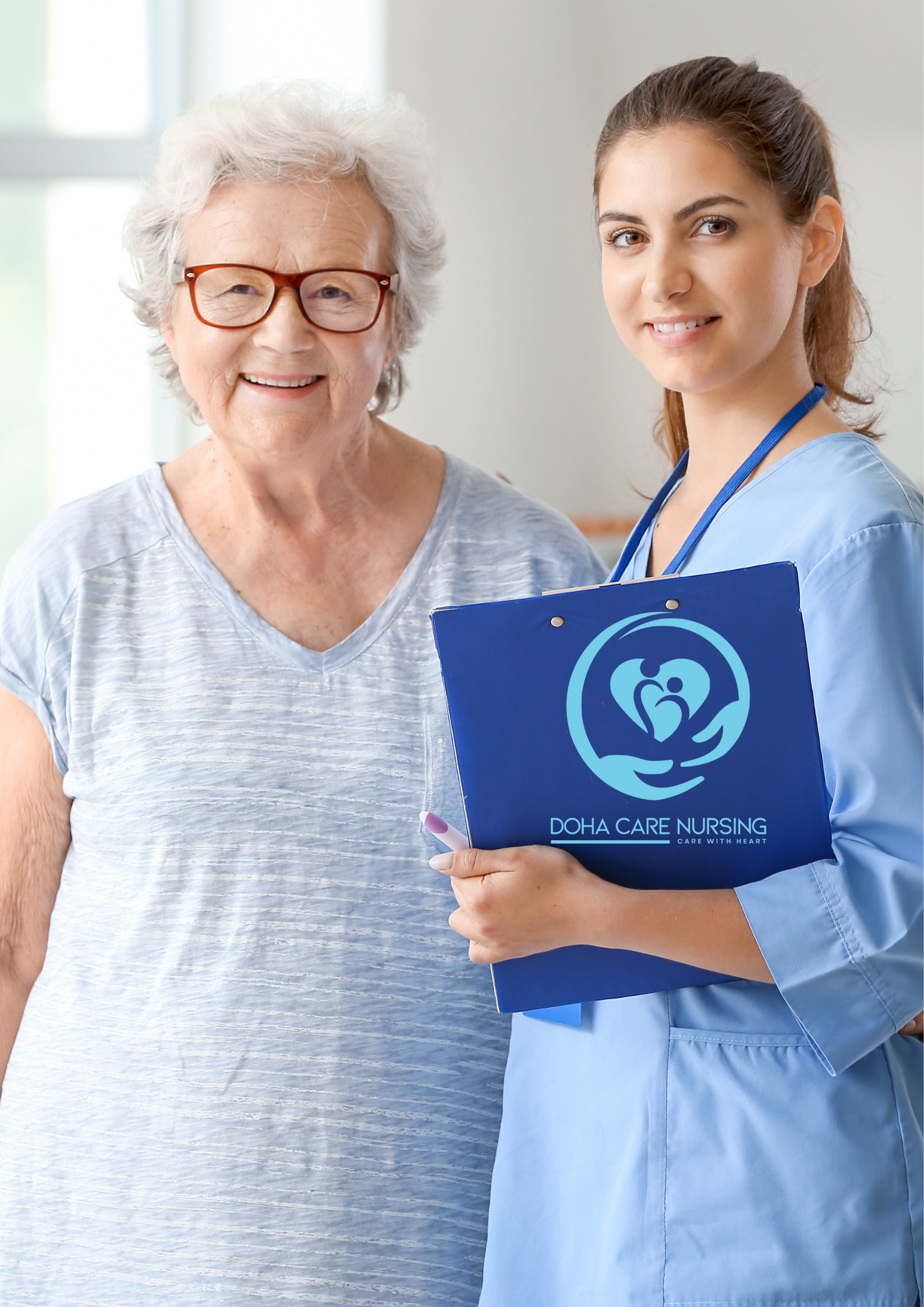 DohaCares caregiver supporting an elderly woman with professional home care services